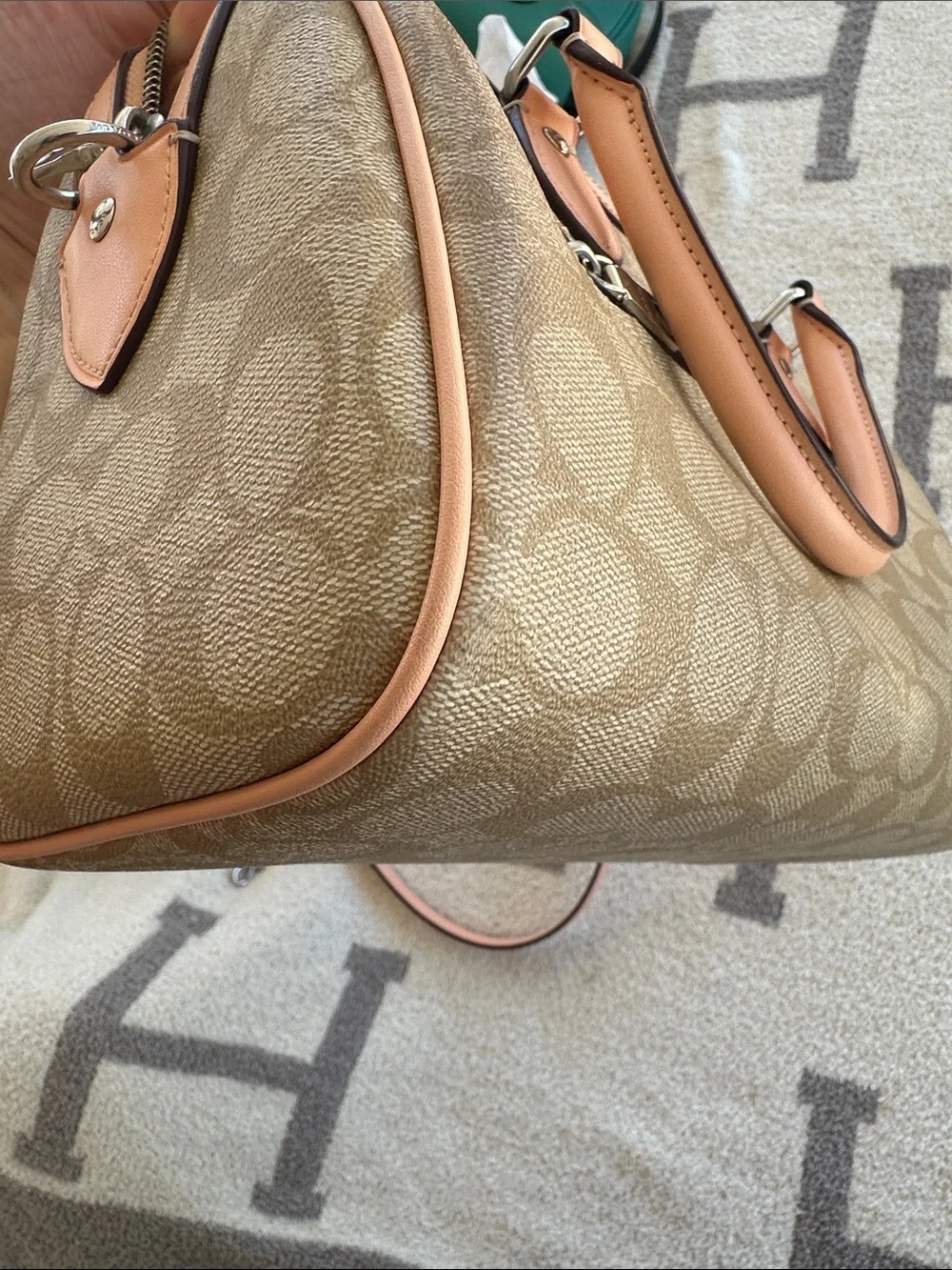 Coach Beige Monogram Satchel with Pink Trim